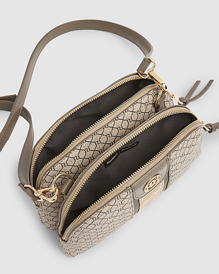 Beige Monogram Curved Top Cross Body Bag