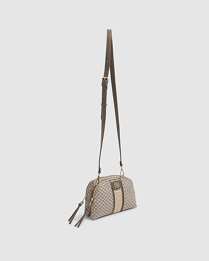Beige Monogram Curved Top Cross Body Bag