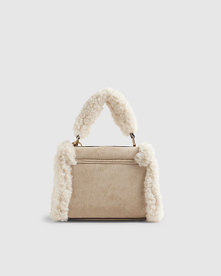 Beige Mini Borg Tote Cross Body Bag