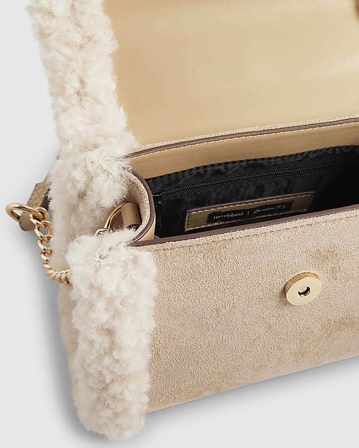Beige Mini Borg Tote Cross Body Bag