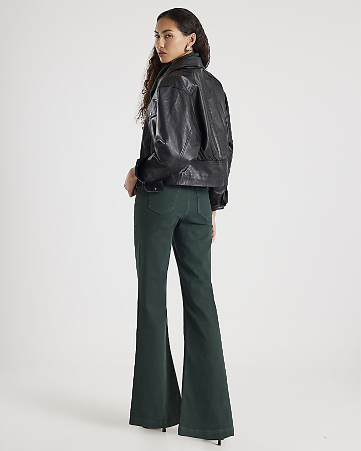 Green Zip Front Relaxed Flare Jeans