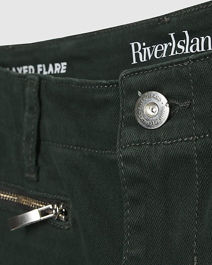 Green Zip Front Relaxed Flare Jeans