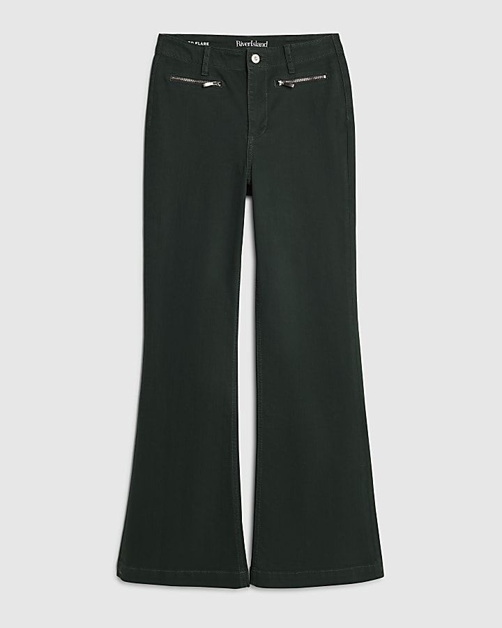 Green Zip Front Relaxed Flare Jeans