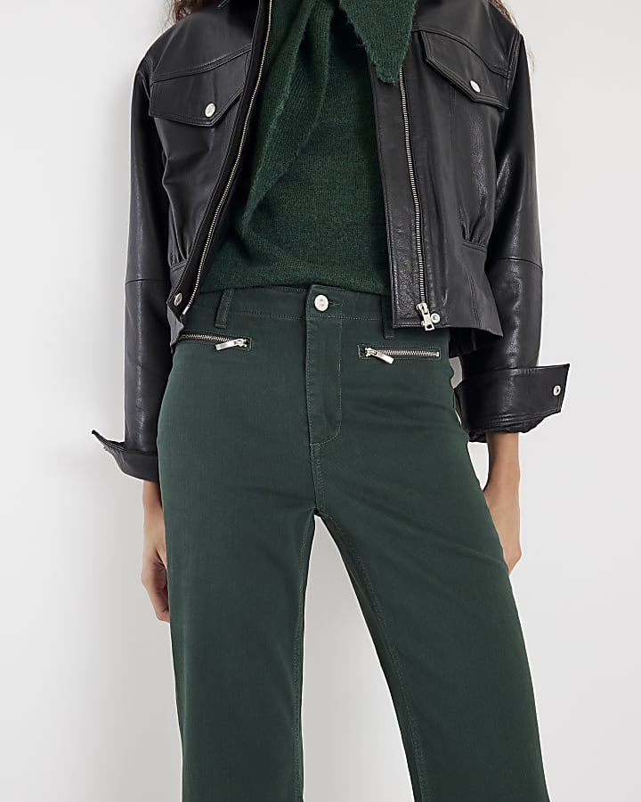 Green Zip Front Relaxed Flare Jeans