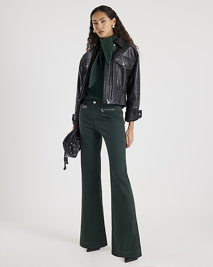 Green Zip Front Relaxed Flare Jeans