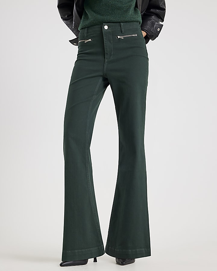 Green Zip Front Relaxed Flare Jeans