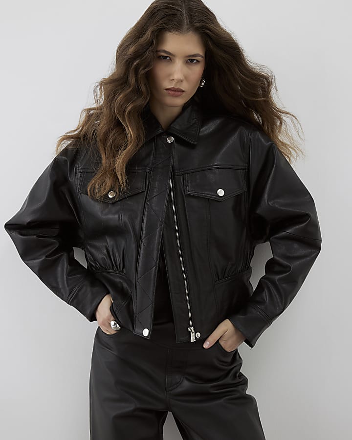 RI Studio Black Leather Bomber jacket