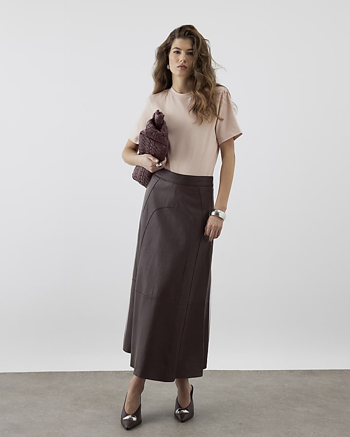 RI Studio Red Leather A Line midi Skirt