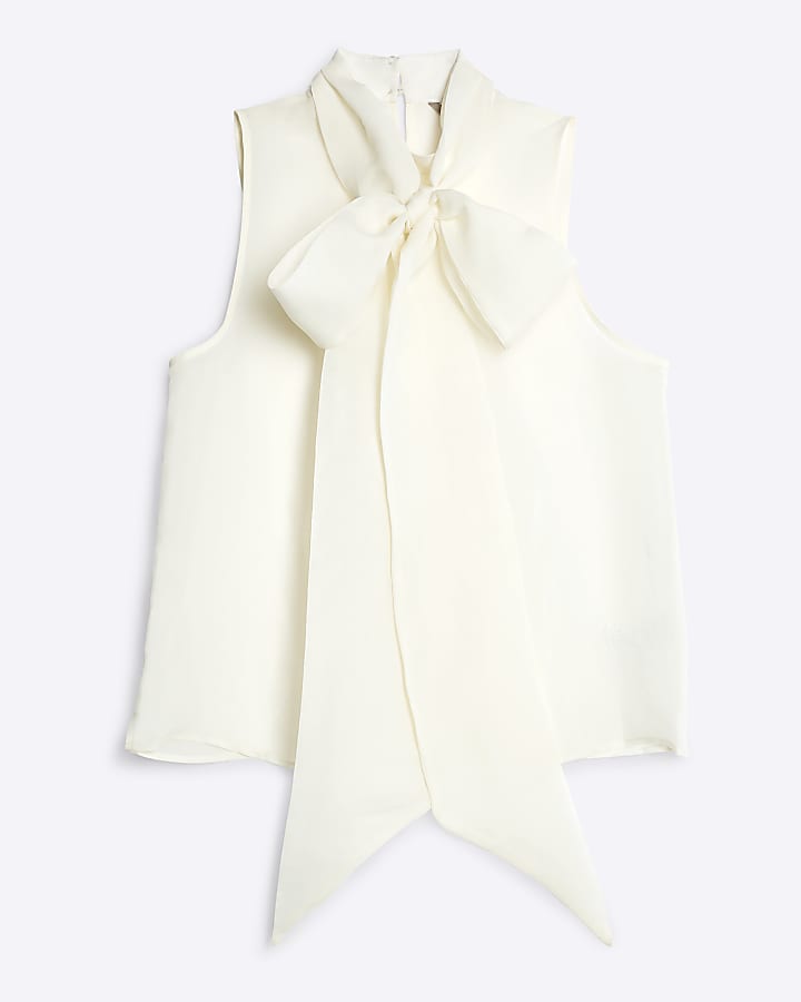 Cream Sheer Pussybow Neck Tie Blouse
