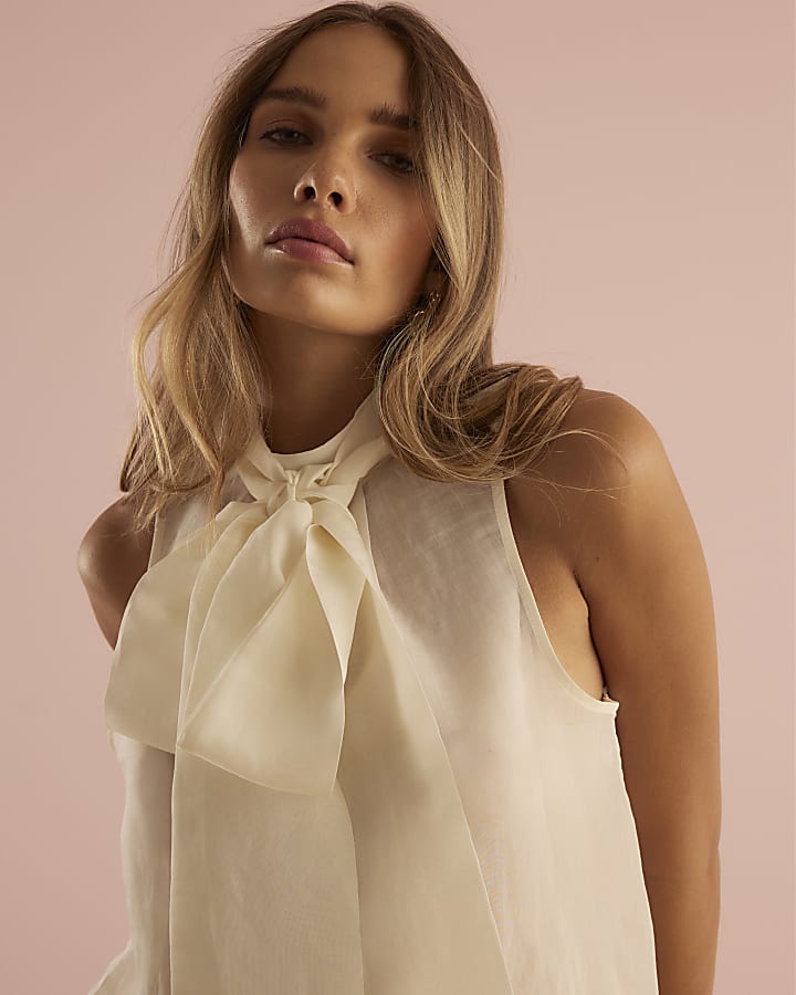 Cream Sheer Pussybow Neck Tie Blouse
