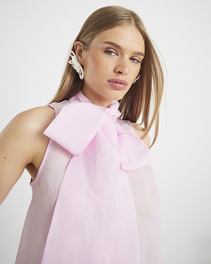 Pink Pussybow Neck Tie Blouse