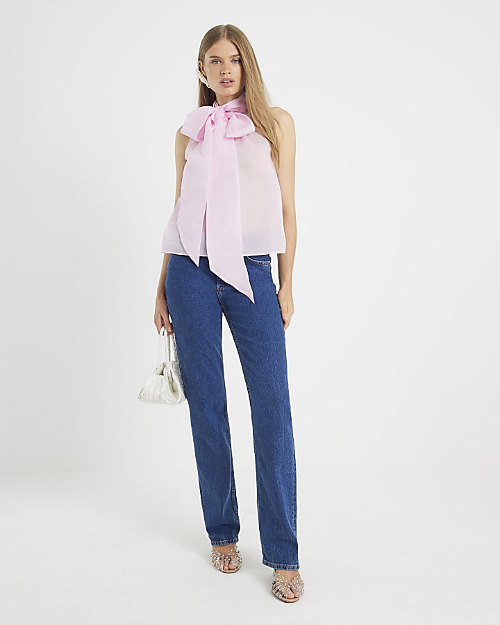 Pink Pussybow Neck Tie Blouse