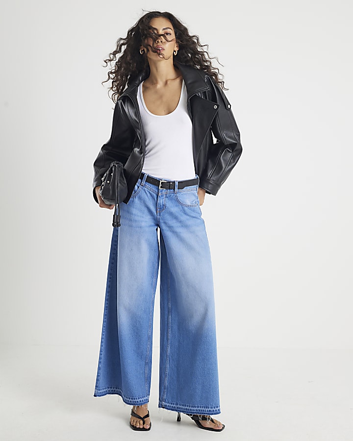 Blue Low Rise Belted Baggy Jeans