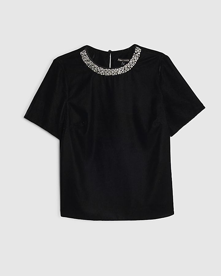Black Velvet Embellished Collar T-shirt