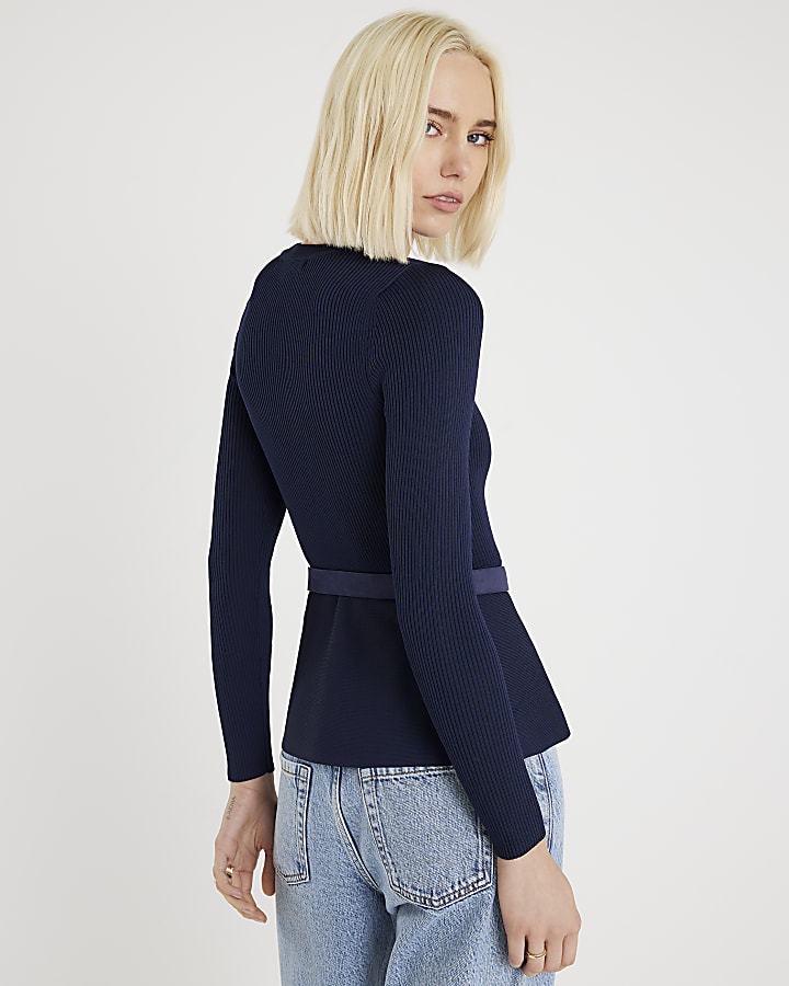 Navy Knitted Long Sleeve Belted Peplum Top