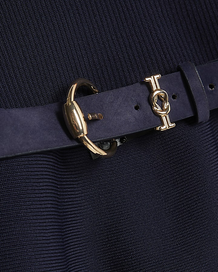 Navy Knitted Long Sleeve Belted Peplum Top