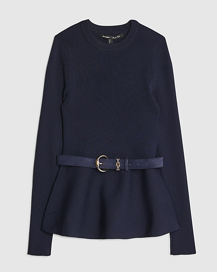 Navy Knitted Long Sleeve Belted Peplum Top