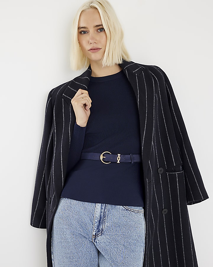 Navy Knitted Long Sleeve Belted Peplum Top