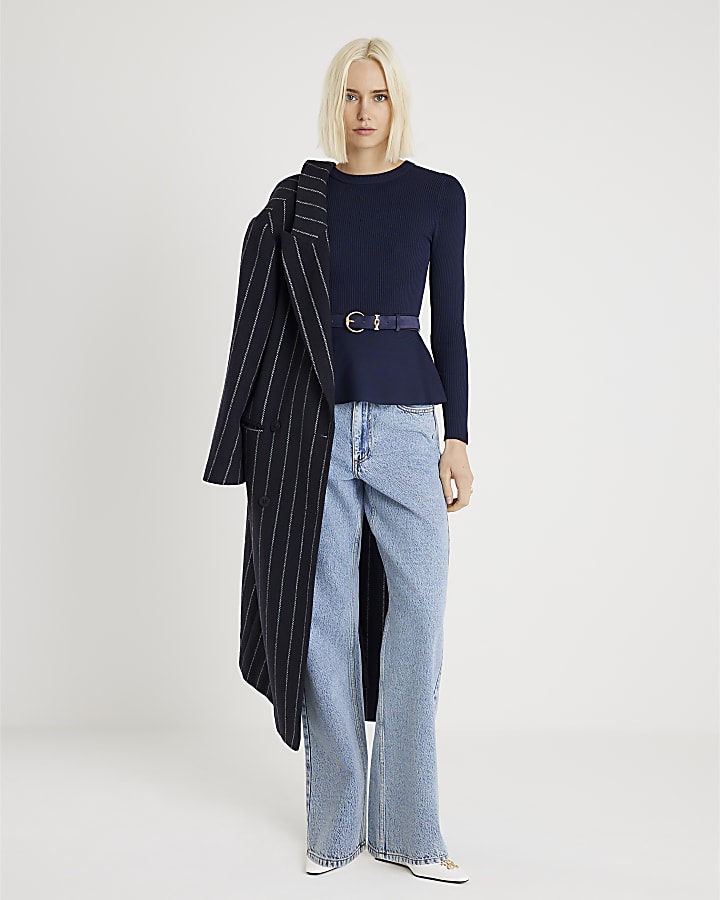 Navy Knitted Long Sleeve Belted Peplum Top