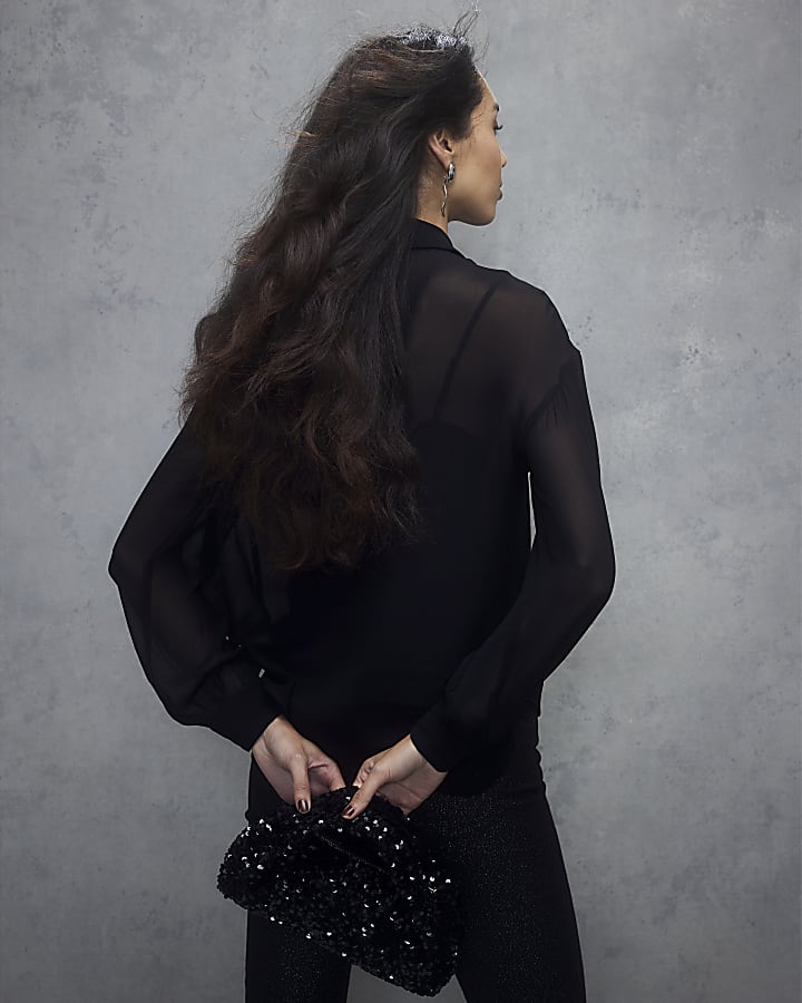 Black Embellished Trim Chiffon Shirt