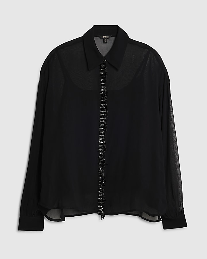 Black Embellished Trim Chiffon Shirt