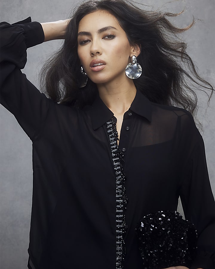 Black Embellished Trim Chiffon Shirt