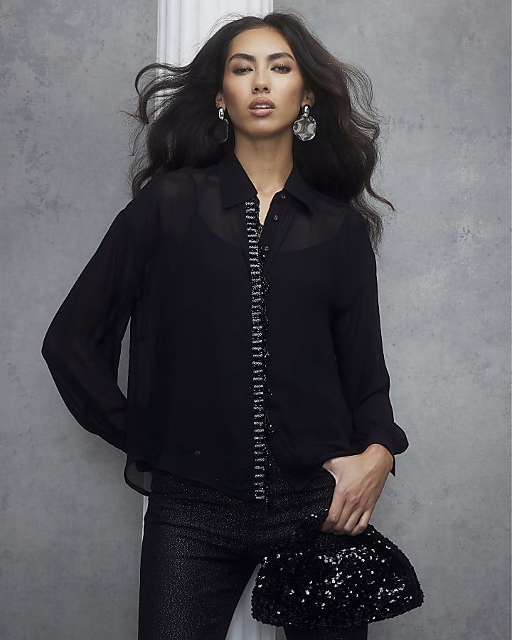 Black Embellished Trim Chiffon Shirt