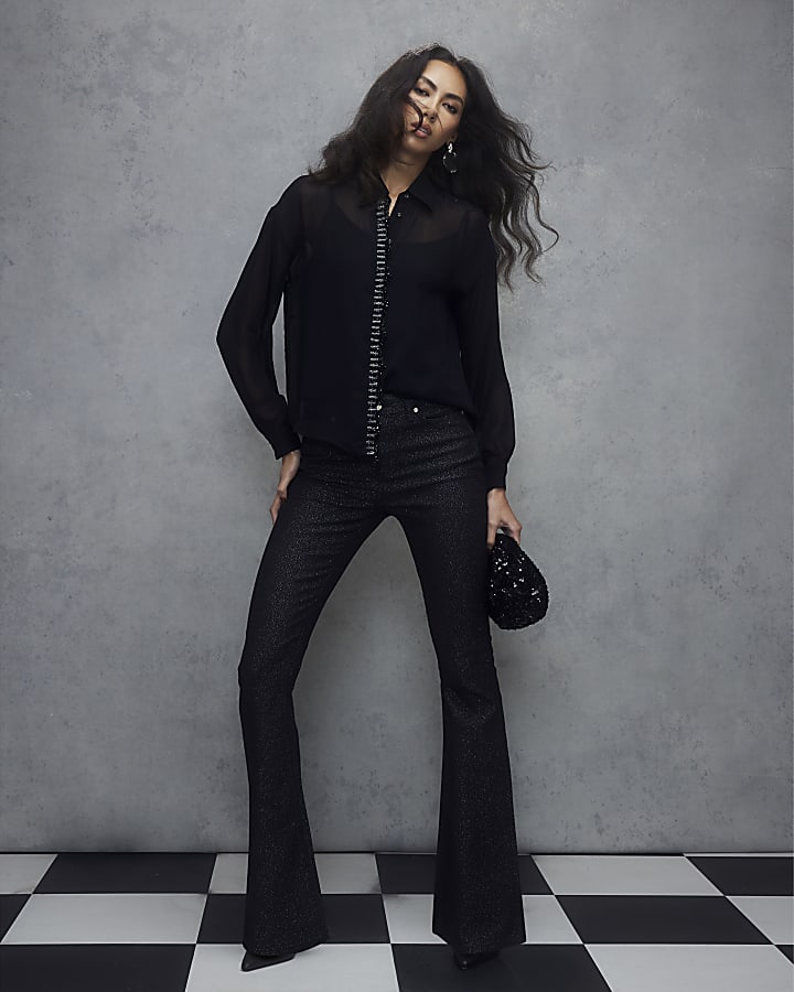 Black Embellished Trim Chiffon Shirt