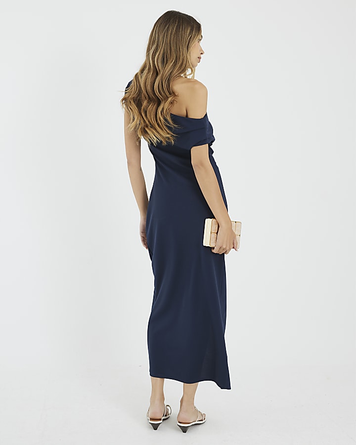 Navy Asymmetrical Drape Wrap Midi Dress
