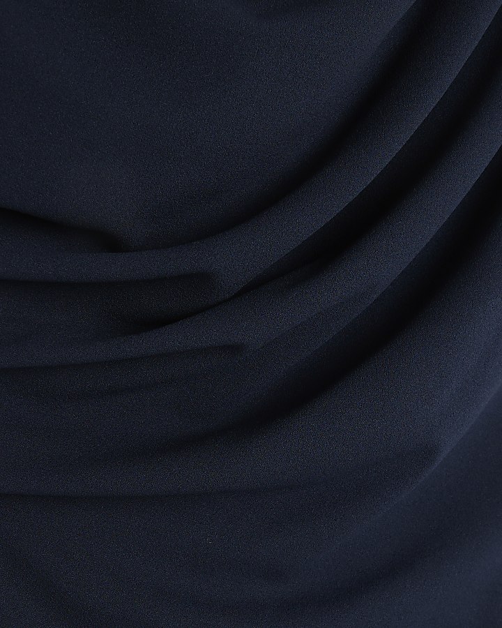 Navy Asymmetrical Drape Wrap Midi Dress