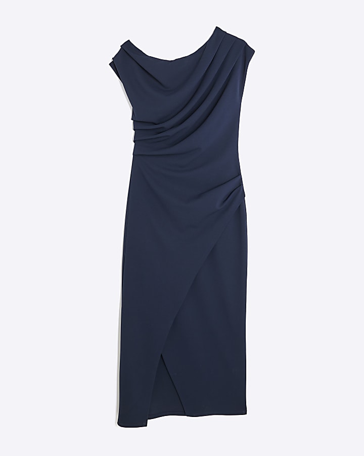 Navy Asymmetrical Drape Wrap Midi Dress