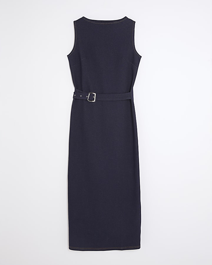 Blue Denim Twill Belted Midi Dress
