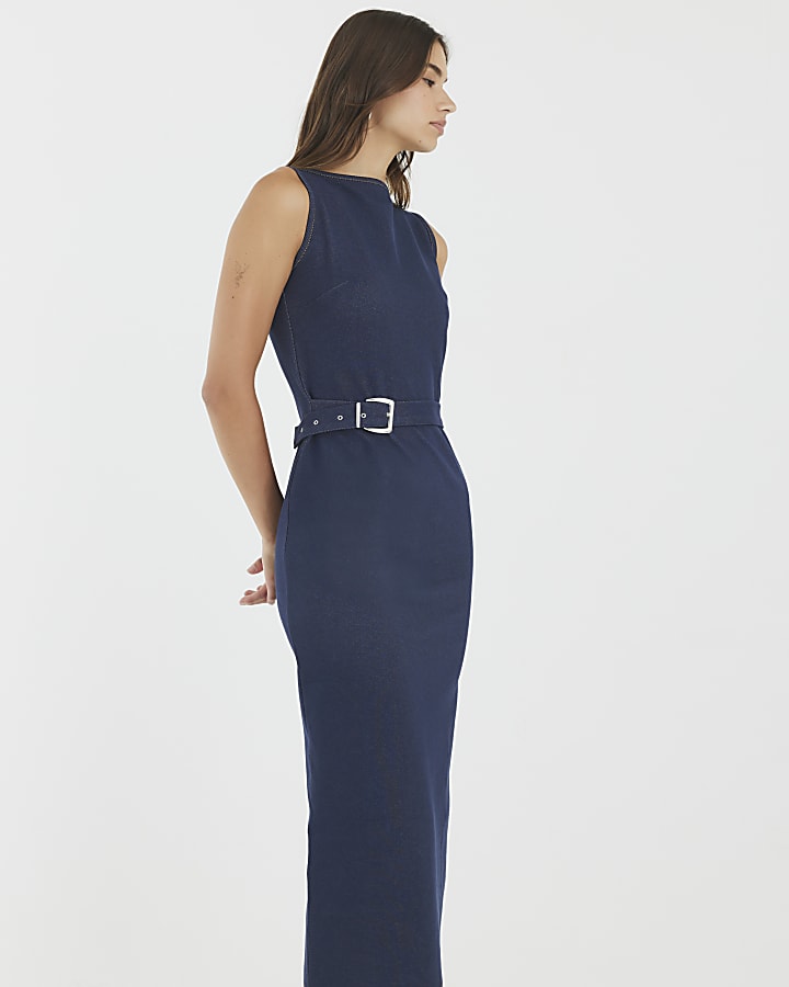 Blue Denim Twill Belted Midi Dress