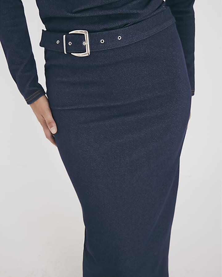 Blue Denim Belted Midi Skirt
