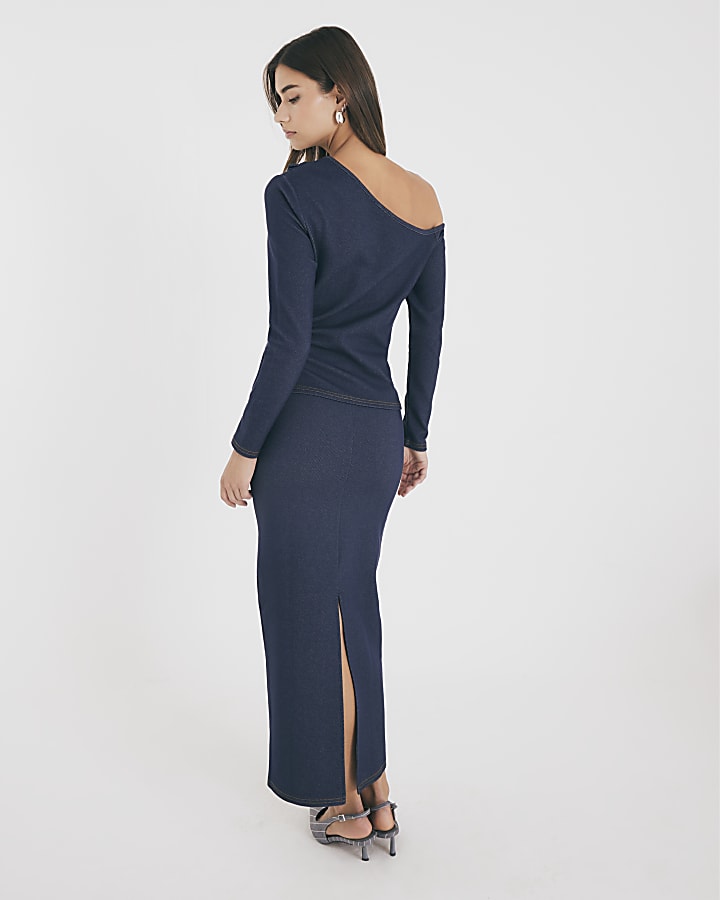 Blue Denim Belted Midi Skirt