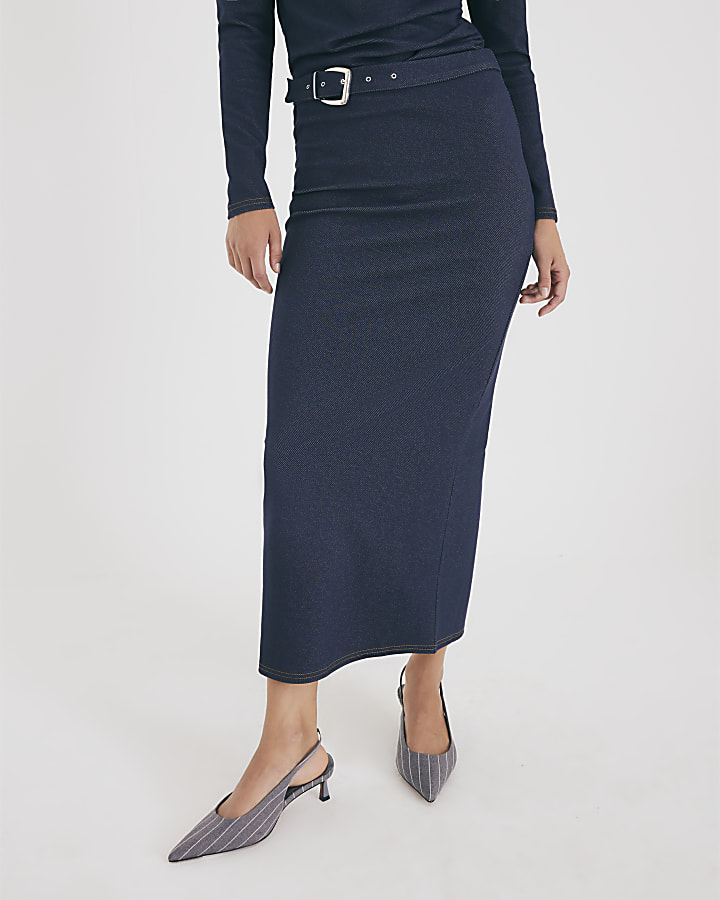 Blue Denim Belted Midi Skirt