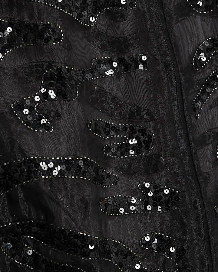 Black Embellished Sheer Zip Up Top