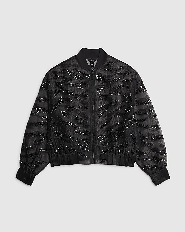 Black Embellished Sheer Zip Up Top