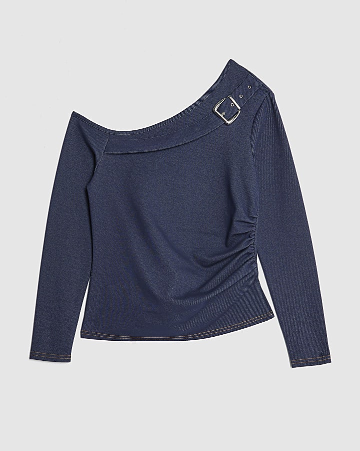 Blue Denim Long Sleeve Asymmetric Belted Top
