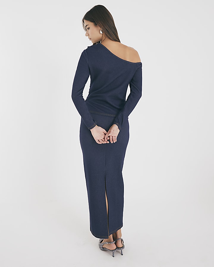 Blue Denim Long Sleeve Asymmetric Belted Top