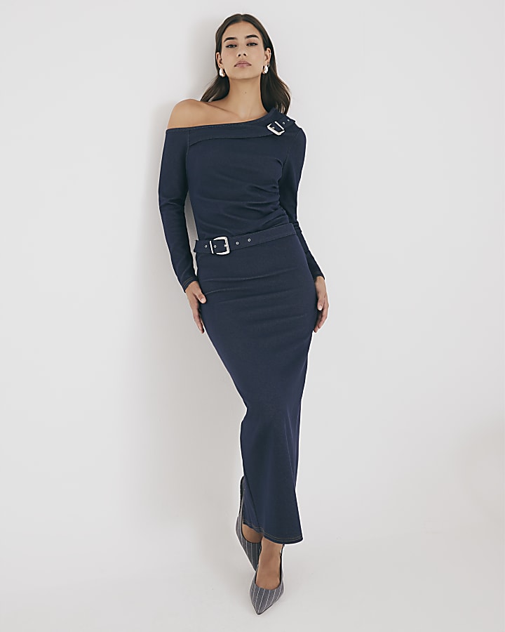 Blue Denim Long Sleeve Asymmetric Belted Top
