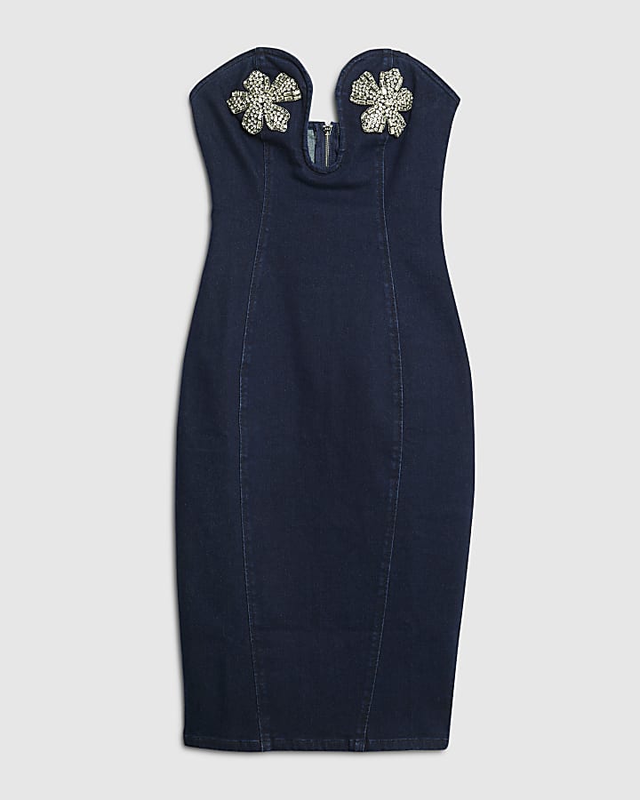 Blue Denim Embellished Bodycon Midi Dress