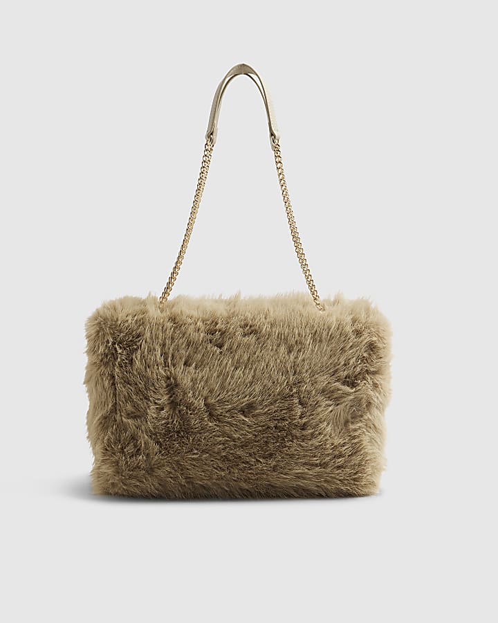 Brown Logo Faux Fur Shoulder Bag