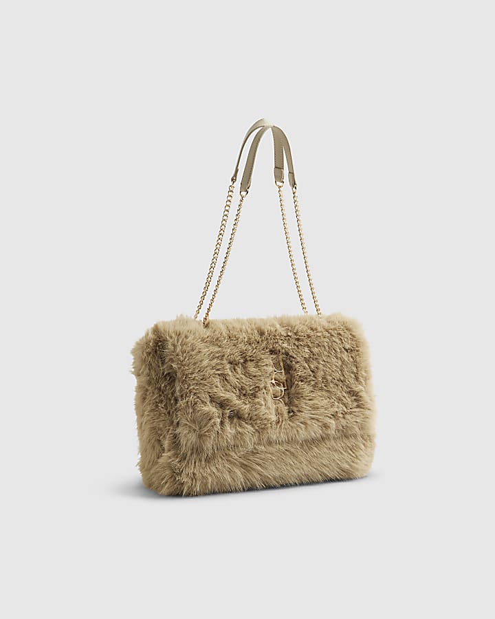 Brown Logo Faux Fur Shoulder Bag