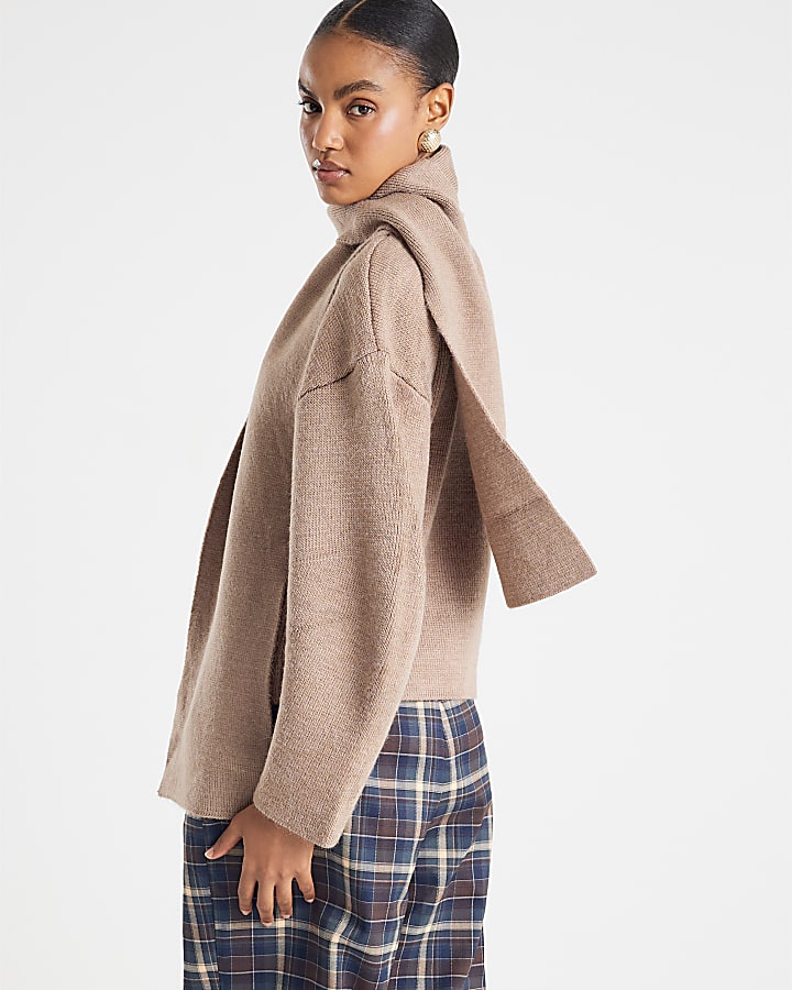 Beige Wrap Scarf Knitted Cardigan