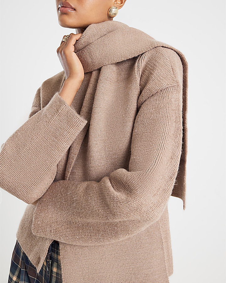 Beige Wrap Scarf Knitted Cardigan