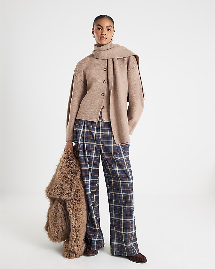Beige Wrap Scarf Knitted Cardigan