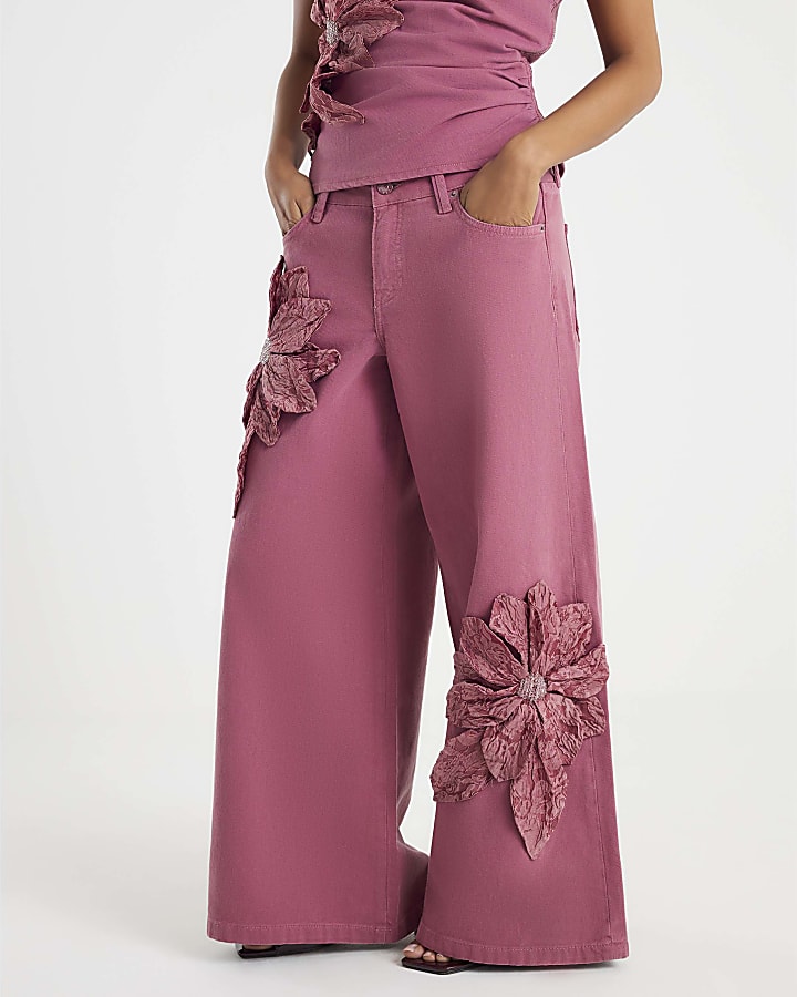 Petite Pink Low Rise Flower Jeans