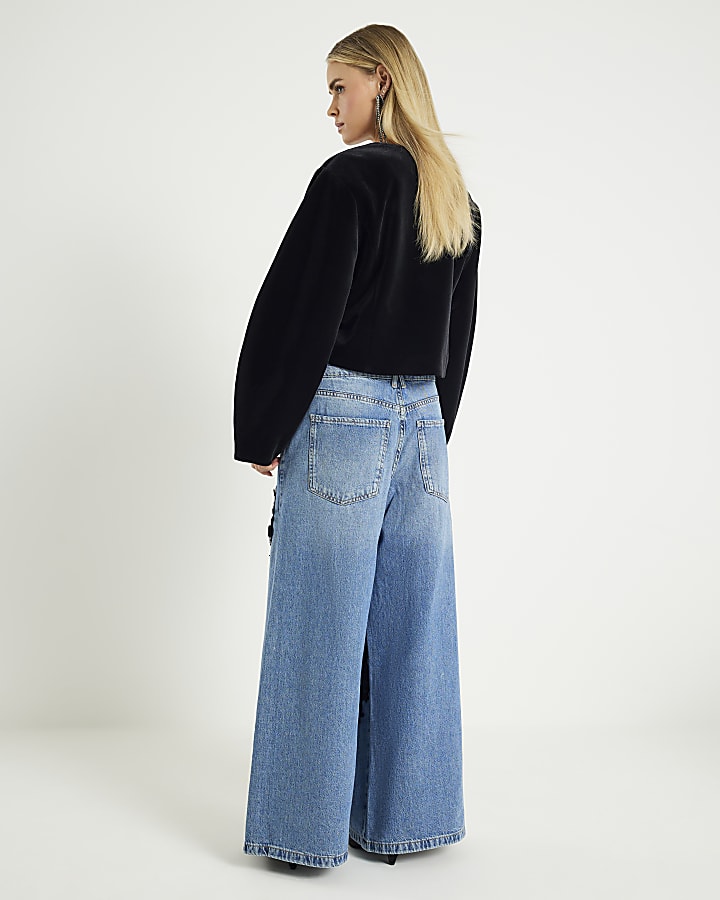 Petite Blue Baggy Fit Orchid Applique Jeans