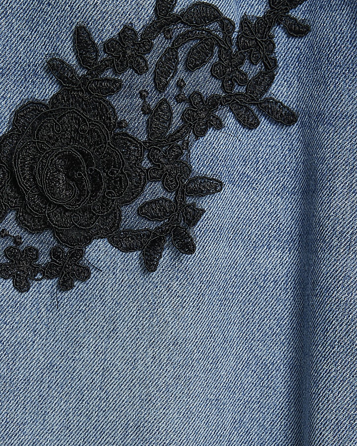 Petite Blue Baggy Fit Orchid Applique Jeans